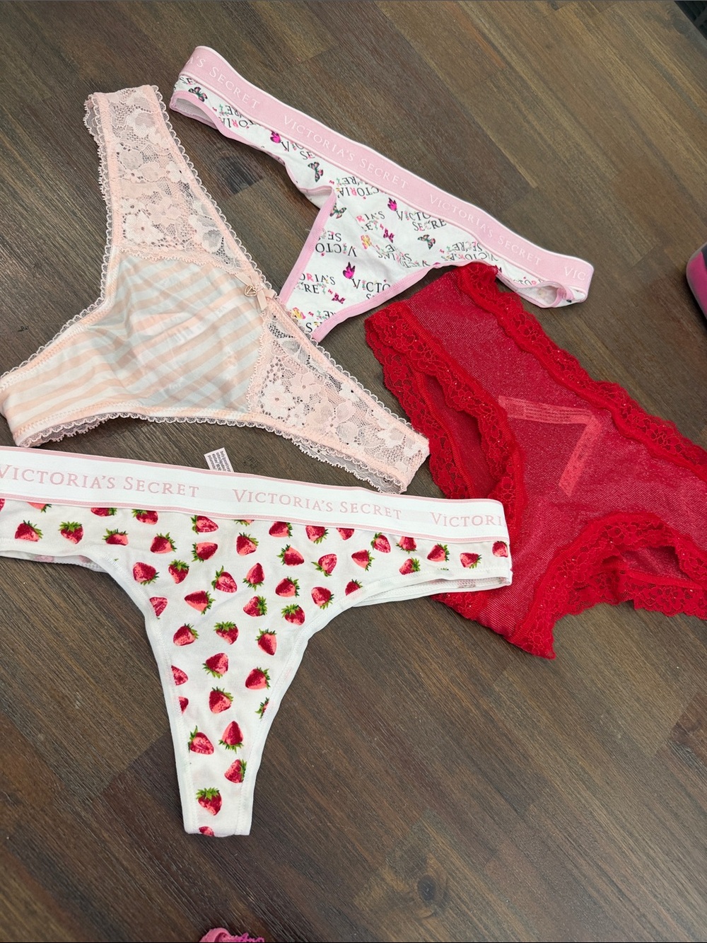 Victoria's Secret White Strawberry Print Thong Set with Pink and Red Lace